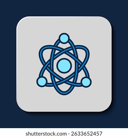 Ícone de átomo de contorno preenchido isolado no fundo azul. Símbolo de ciência, educação, física nuclear, pesquisa científica.  Vetor