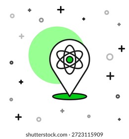 Gefüllte Kontur Atom Symbol einzeln auf weißem Hintergrund. Symbol für Wissenschaft, Bildung, Kernphysik, wissenschaftliche Forschung.  Vektorgrafik