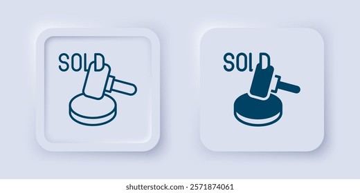 Filled and outline Auction hammer icon isolated on grey background. Gavel - hammer of judge or auctioneer. Bidding process, deal done. Auction bidding. Square button. Vector