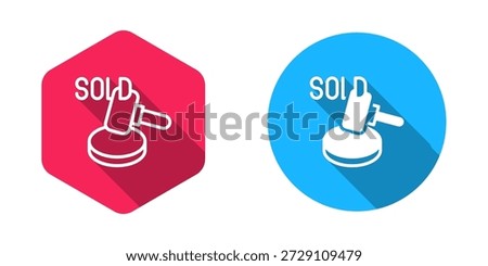 Filled and outline Auction hammer icon isolated with long shadow background. Gavel - hammer of judge or auctioneer. Bidding process, deal done. Auction bidding.  Vector
