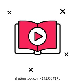 Icono de libro de audio aislado sobre fondo blanco. Botón de reproducción y libro. Señal de audioguía. Concepto de aprendizaje en línea.  Vector