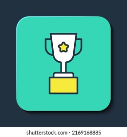 Filled outline Award cup icon isolated on blue background. Winner trophy symbol. Championship or competition trophy. Sports achievement sign. Turquoise square button. Vector