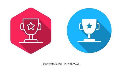 Filled and outline Award cup icon isolated with long shadow background. Winner trophy symbol. Championship or competition trophy. Sports achievement sign.  Vector