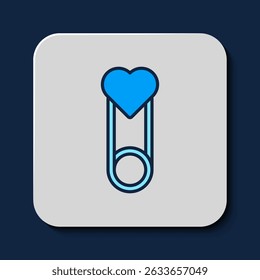 Filled outline Baby clothes pin icon isolated on blue background. Classic closed steel safety pin.  Vector
