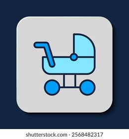 Filled outline Baby stroller icon isolated on blue background. Baby carriage, buggy, pram, stroller, wheel.  Vector