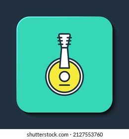 Filled outline Banjo icon isolated on blue background. Musical instrument. Turquoise square button. Vector