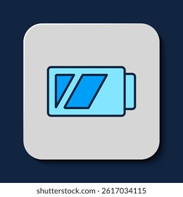 Filled outline Battery for camera icon isolated on blue background. Lightning bolt symbol.  Vector