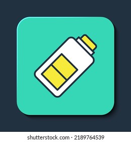 Leuchtendes Symbol für die Batterieladung, ausgefüllt, einzeln auf blauem Hintergrund. Türkisfarbener Quadrat-Button. Vektorgrafik