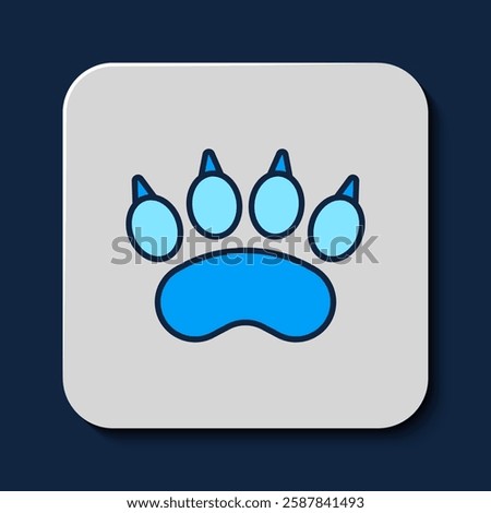 Filled outline Bear paw footprint icon isolated on blue background.  Vector