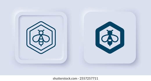 Filled and outline Bee and honeycomb icon isolated on grey background. Honey cells. Honeybee or apis with wings symbol. Flying insect. Sweet natural food. Square button. Vector