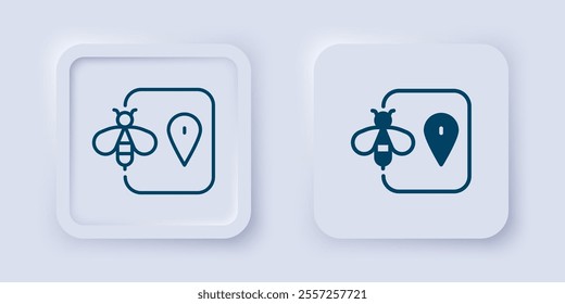 Filled and outline Bee location map pin pointer icon isolated on grey background. Farm animal map pointer. Square button. Vector