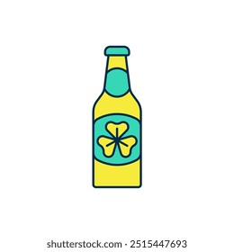 Gefüllter Umriss Bierflasche mit Klee trefoil Blatt Symbol einzeln auf weißem Hintergrund. Alles Gute zum St. Patricks Tag. Nationalfeiertag in Irland.  Vektorgrafik