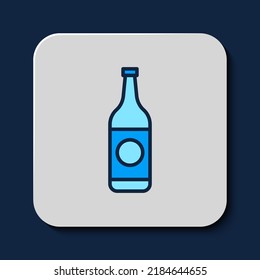 Icono de botella de cerveza de contorno relleno aislado en fondo azul.  Vector