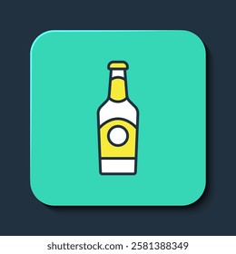 Filled outline Beer bottle icon isolated on blue background. Turquoise square button. Vector