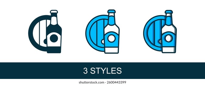 Filled outline Beer bottle and wooden barrel icon isolated on white background.  Vector