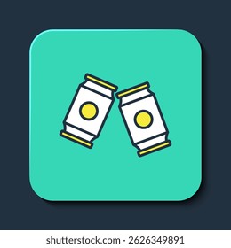 Filled outline Beer can icon isolated on blue background. Turquoise square button. Vector