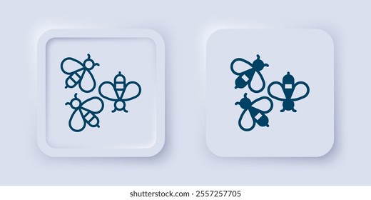 Filled and outline Bees icon isolated on grey background. Sweet natural food. Honeybee or apis with wings symbol. Flying insect. Square button. Vector