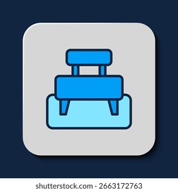 Gefüllte Umrisslinie Banksymbol einzeln auf blauem Hintergrund.  Vektorgrafik
