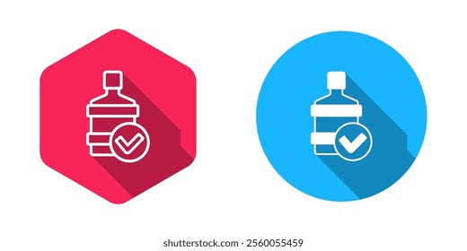 Filled and outline Big bottle with clean water icon isolated with long shadow background. Plastic container for the cooler.  Vector