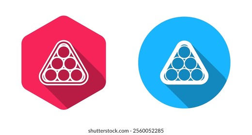Filled and outline Billiard balls in a rack triangle icon isolated with long shadow background.  Vector