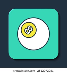 Bola de billar de billar con el icono del número 8 aislado en el fondo azul. Botón cuadrado turquesa. Vector
