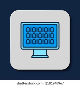 Filled outline Binary code icon isolated on blue background.  Vector