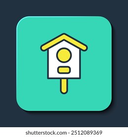 Esquema lleno Icono de la casa del pájaro aislado en fondo azul. Caja de anidación para pajareras, edificio casero para pájaros. Botón cuadrado turquesa. Vector