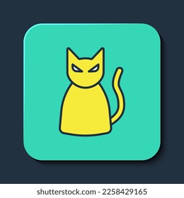 Filled outline Black cat icon isolated on blue background. Happy Halloween party. Turquoise square button. Vector