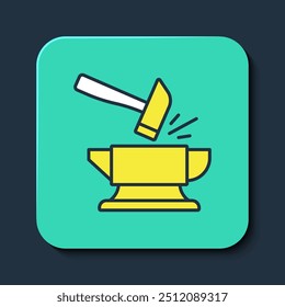 Filled outline Blacksmith anvil tool and hammer icon isolated on blue background. Metal forging. Forge tool. Turquoise square button. Vector