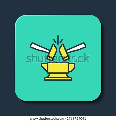 Filled outline Blacksmith anvil tool and hammer icon isolated on blue background. Metal forging. Forge tool. Turquoise square button. Vector