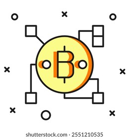 Filled outline Blockchain technology Bitcoin icon isolated on white background. Abstract geometric block chain network technology business. Flat filled outline style with shadow. Vector