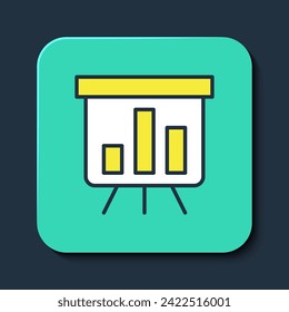 Filled outline Board with graph chart icon isolated on blue background. Report text file icon. Accounting sign. Audit, analysis, planning. Turquoise square button. Vector