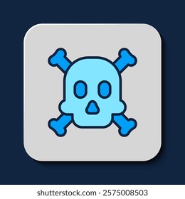 Filled outline Bones and skull as a sign of toxicity warning icon isolated on blue background.  Vector