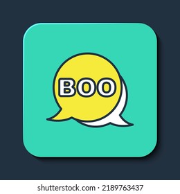 Filled outline Boo speech bubble icon isolated on blue background. Happy Halloween party. Turquoise square button. Vector