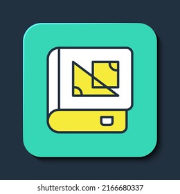 Filled outline Book about geometry icon isolated on blue background. Turquoise square button. Vector