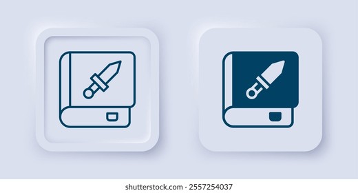 Filled and outline Book about weapon icon isolated on grey background. Small firearm. Weapon catalog. Square button. Vector