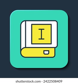Icono del libro de esquema relleno aislado en fondo azul. Primer volumen. Botón cuadrado turquesa. Vector
