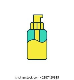 Filled outline Bottle of liquid antibacterial soap with dispenser icon isolated on white background. Disinfection, hygiene, skin care concept.  Vector