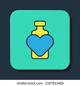 Filled outline Bottle with love potion icon isolated on blue background. Valentines day symbol. Turquoise square button. Vector