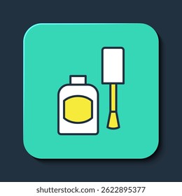Filled outline Bottle of nail polish icon isolated on blue background. Turquoise square button. Vector