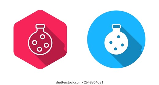 Filled and outline Bottle with potion icon isolated with long shadow background. Flask with magic potion. Happy Halloween party.  Vector