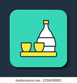 Filled outline Bottle of sake, small cup of sake icon isolated on blue background. Turquoise square button. Vector