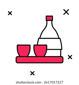 Filled outline Bottle of sake, small cup of sake icon isolated on white background.  Vector