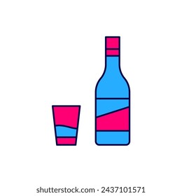 Filled outline Bottle of vodka with glass icon isolated on white background.  Vector