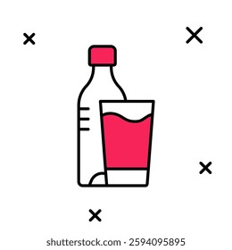 Filled outline Bottle of water with glass icon isolated on white background. Soda aqua drink sign.  Vector