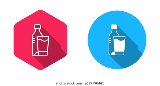 Filled and outline Bottle of water with glass icon isolated with long shadow background. Soda aqua drink sign.  Vector