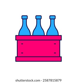Filled outline Bottles of wine in a wooden box icon isolated on white background. Wine bottles in a wooden crate icon.  Vector