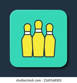 Filled outline Bowling pin icon isolated on blue background. Juggling clubs, circus skittles. Turquoise square button. Vector