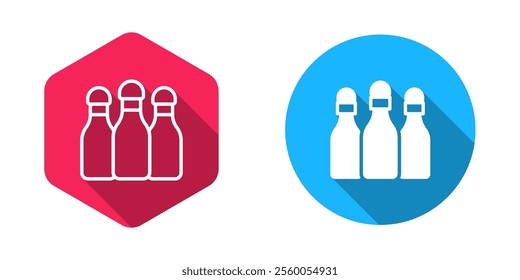 Filled and outline Bowling pin icon isolated with long shadow background.  Vector