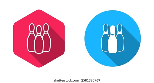 Filled and outline Bowling pin icon isolated with long shadow background. Juggling clubs, circus skittles.  Vector